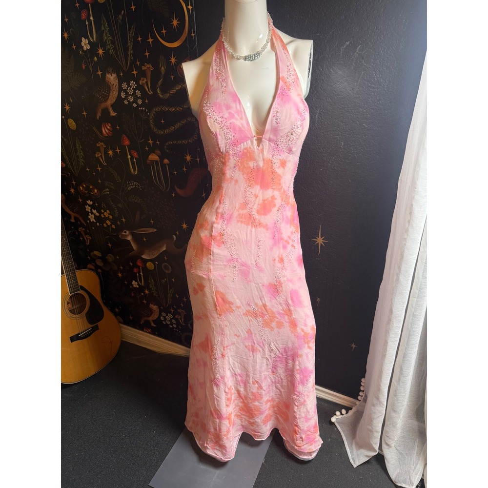 Silk Niki Livas Pink Orange Tie Dye Beaded Halter Maxi Dress Y2K Prom Size 8